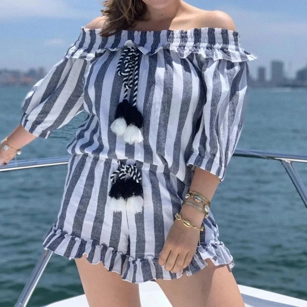 Misa los angeles carlton blue and white stripe set shorts & off the shoulder top
